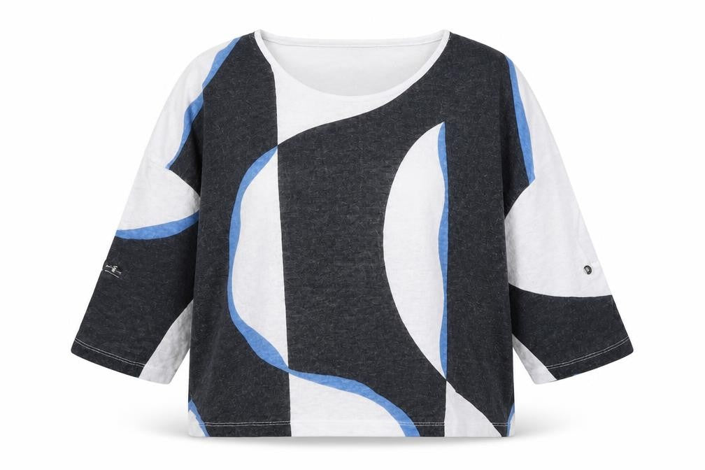 Front view of Marble women’s blue round neck geometric viscose jumper, size XS