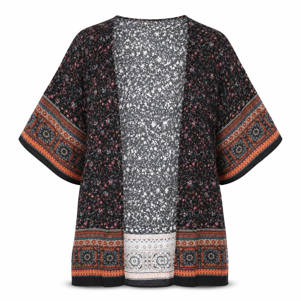 Front view of Stradivarius women’s multicoloured geometric polyester kimono blouse, size M, v-neck