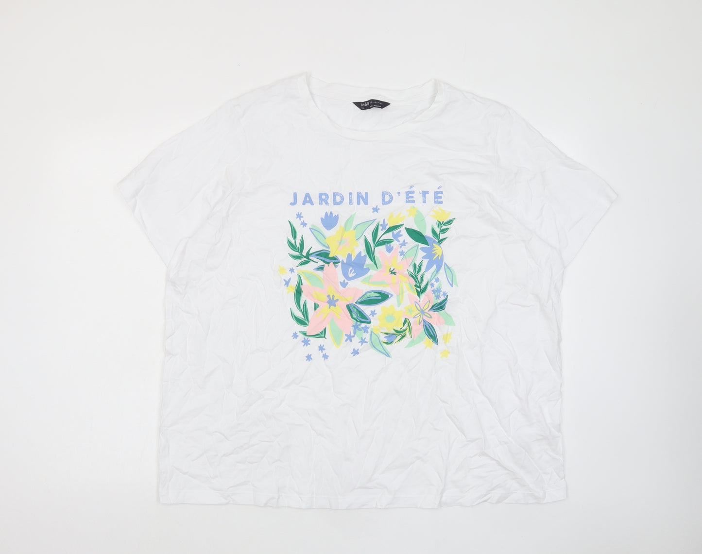 Marks and Spencer Womens White Cotton Basic T-Shirt Size 24 Crew Neck - Jardin D'ete