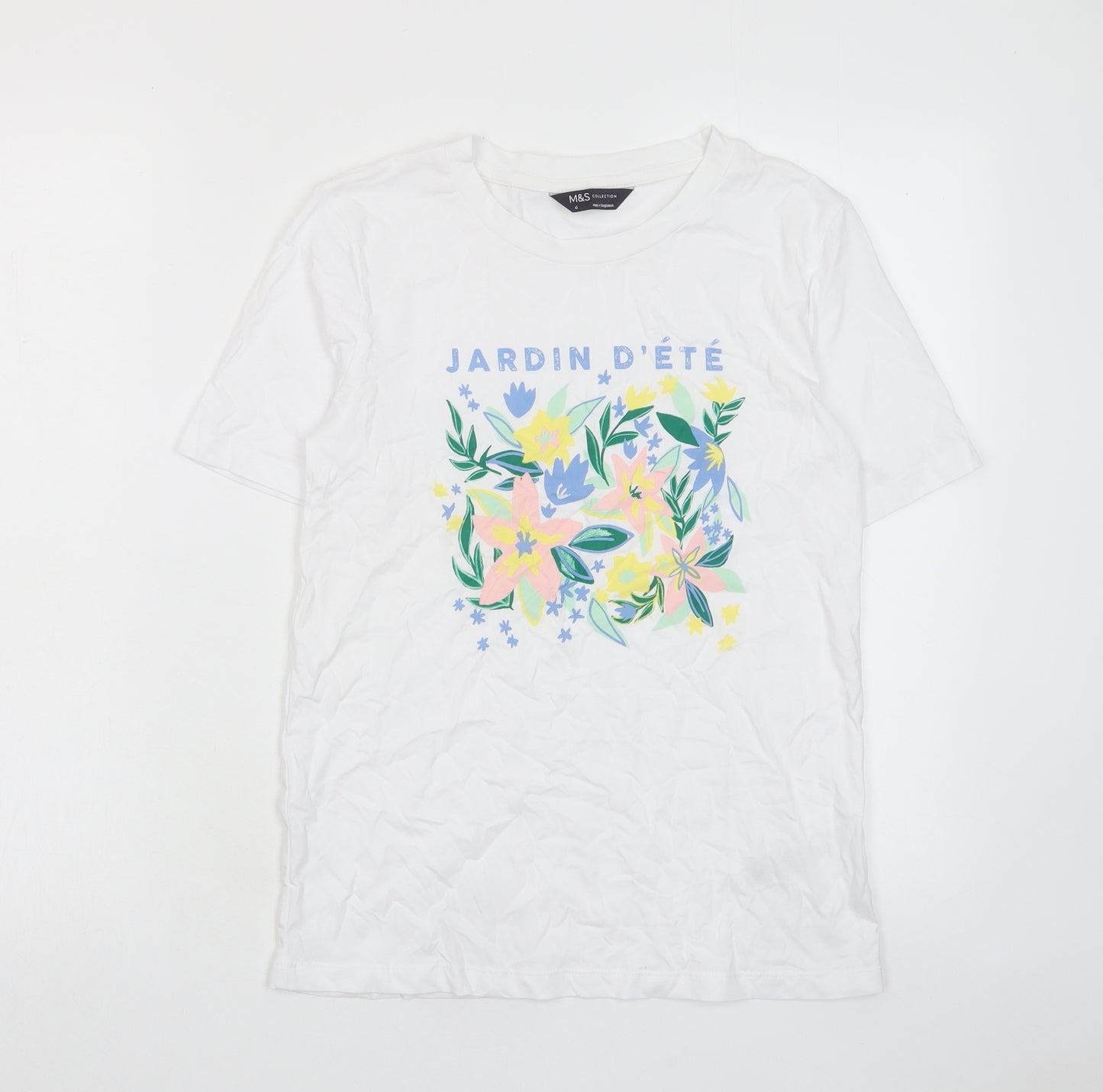 Marks and Spencer Womens White Cotton Basic T-Shirt Size 6 Crew Neck - Jardin D'ete