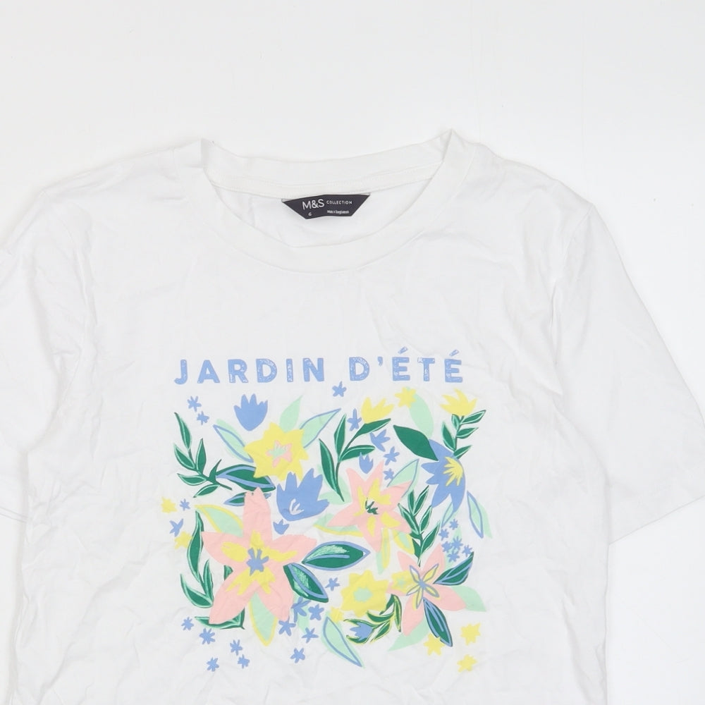 Marks and Spencer Womens White Cotton Basic T-Shirt Size 6 Crew Neck - Jardin D'ete