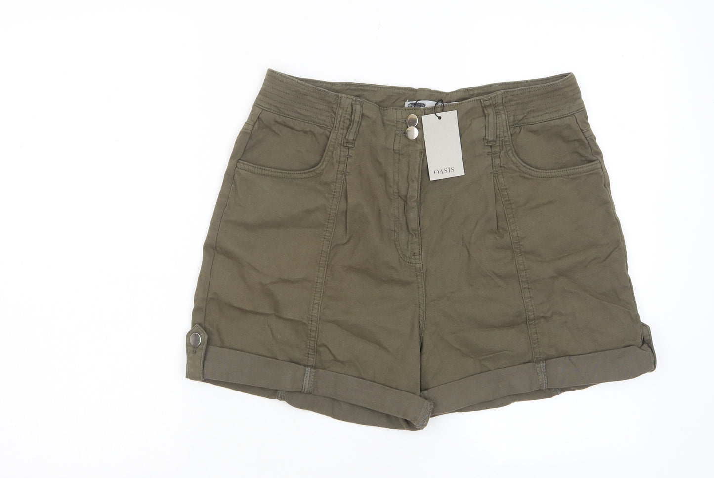 Oasis Womens Green Cotton Basic Shorts Size 12 L4 in Regular Zip - Pockets, Belt Loops