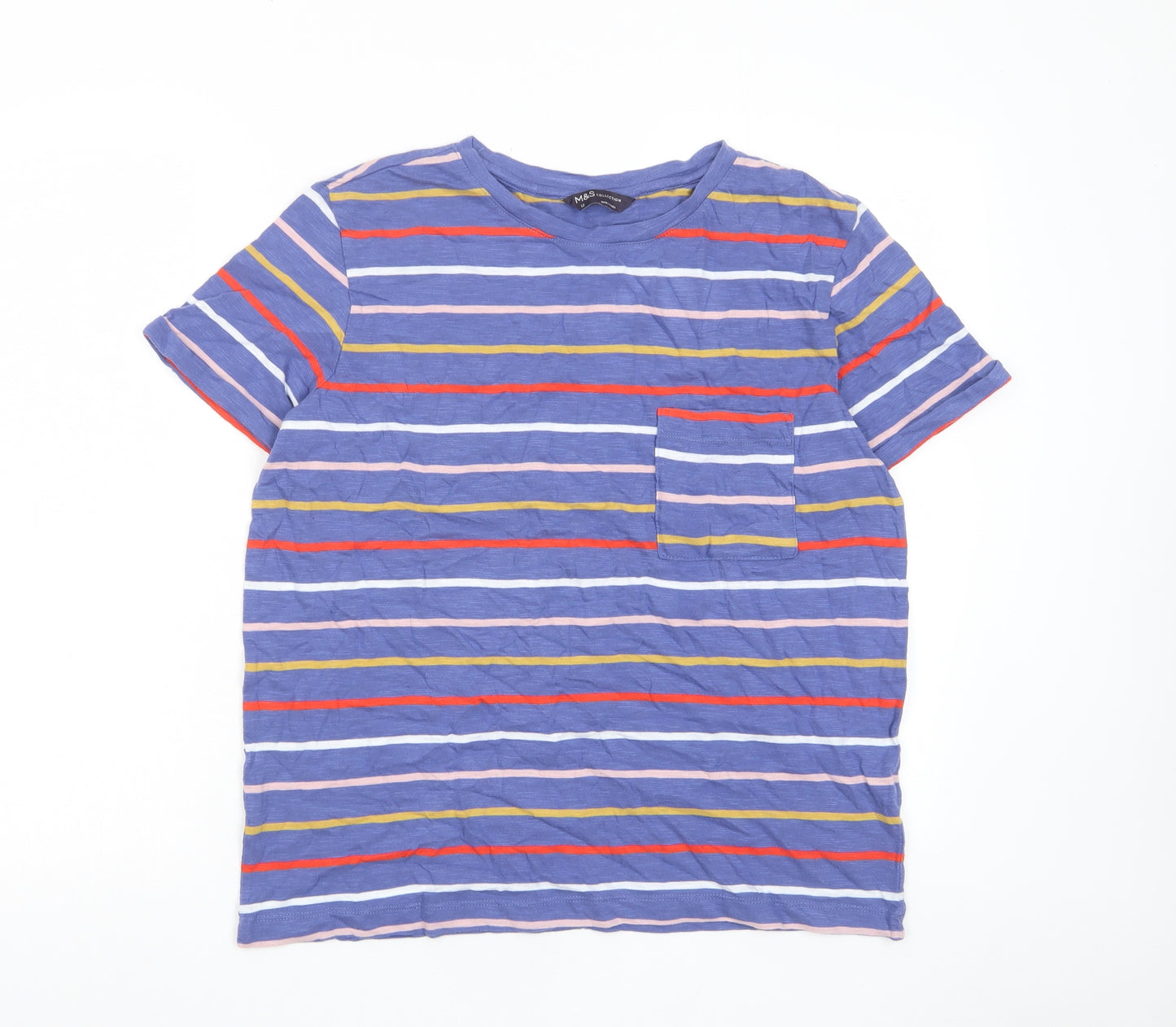Marks and Spencer Womens Multicoloured Striped Cotton Basic T-Shirt Size 12 Crew Neck - Pocket
