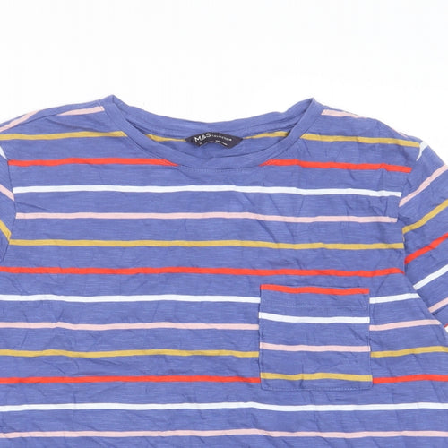 Marks and Spencer Womens Multicoloured Striped Cotton Basic T-Shirt Size 12 Crew Neck - Pocket