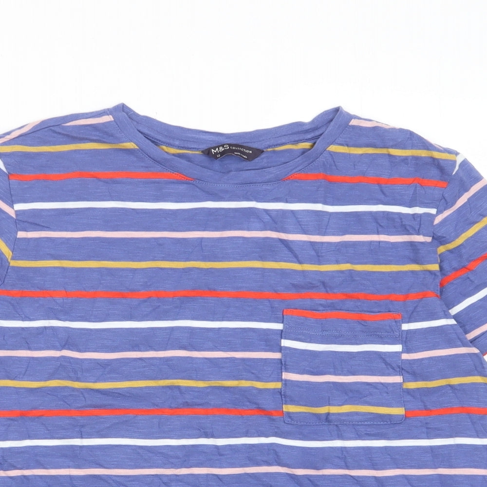 Marks and Spencer Womens Multicoloured Striped Cotton Basic T-Shirt Size 12 Crew Neck - Pocket