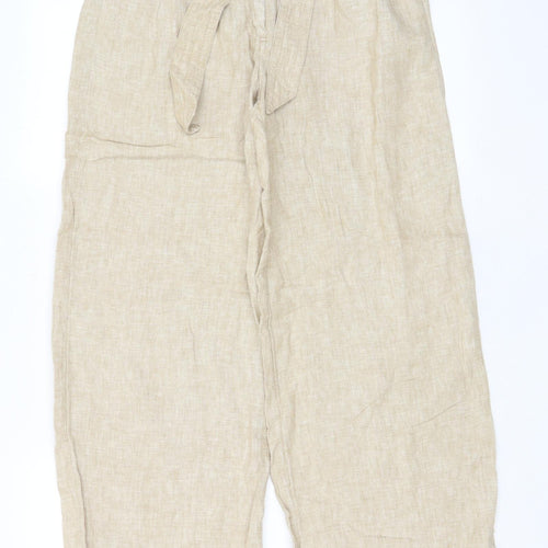 Marks and Spencer Womens Beige Linen Trousers Size 8 L30 in Regular Hook & Eye - Pockets, Belt Loops, Pleated, Belted