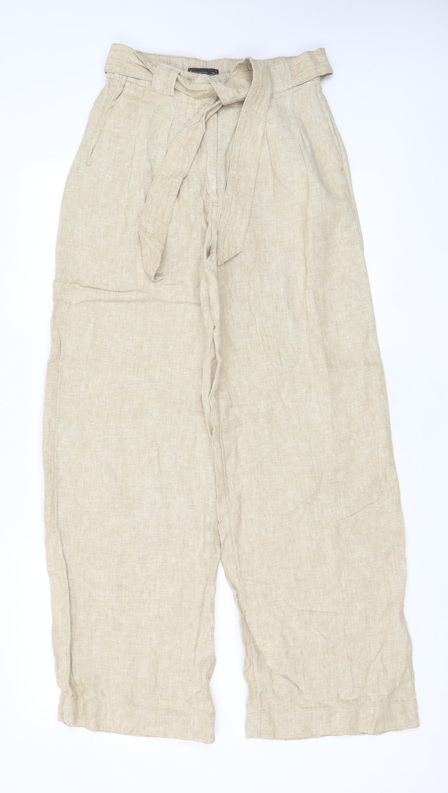 Marks and Spencer Womens Beige Linen Trousers Size 8 L30 in Regular Hook & Eye - Pockets, Belt Loops, Pleated, Belted