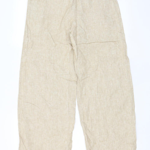 Marks and Spencer Womens Beige Linen Trousers Size 8 L30 in Regular Hook & Eye - Pockets, Belt Loops, Pleated, Belted