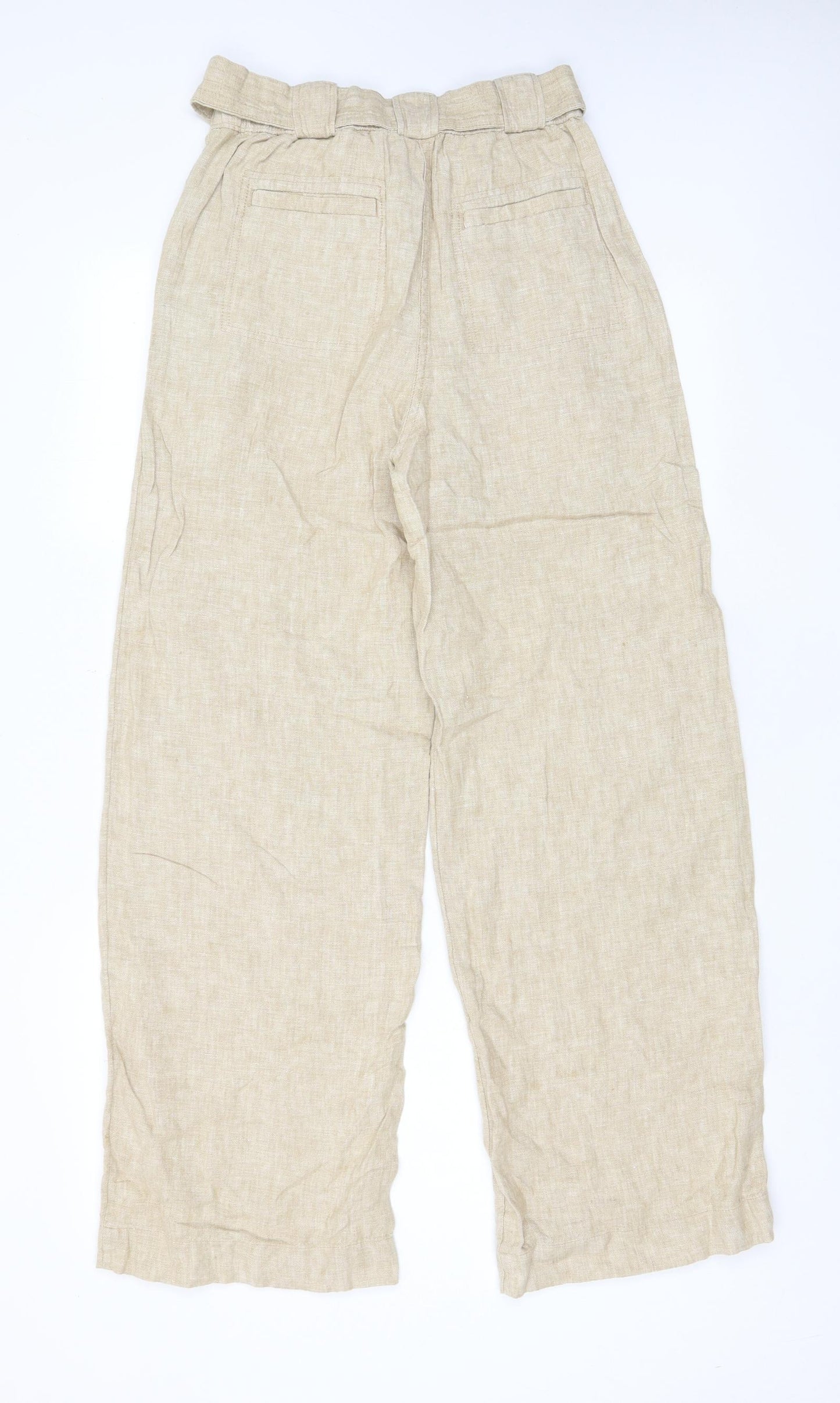 Marks and Spencer Womens Beige Linen Trousers Size 8 L30 in Regular Hook & Eye - Pockets, Belt Loops, Pleated, Belted
