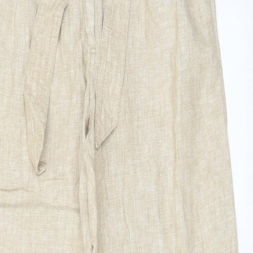 Marks and Spencer Womens Beige Linen Trousers Size 8 L30 in Regular Hook & Eye - Pockets, Belt Loops, Pleated, Belted