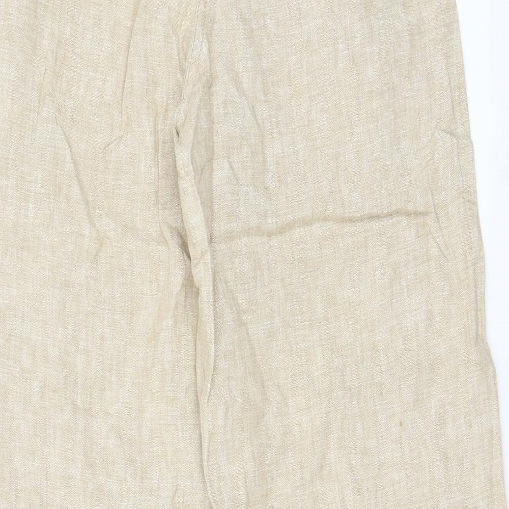 Marks and Spencer Womens Beige Linen Trousers Size 8 L30 in Regular Hook & Eye - Pockets, Belt Loops, Pleated, Belted