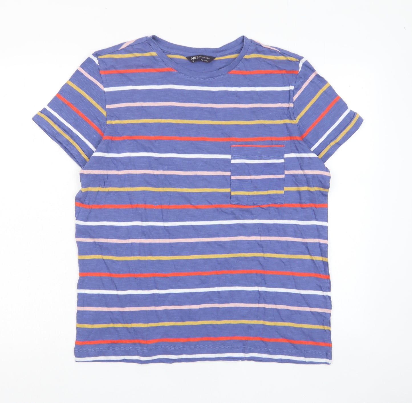 Marks and Spencer Womens Multicoloured Striped Cotton Basic T-Shirt Size 12 Crew Neck - Pocket