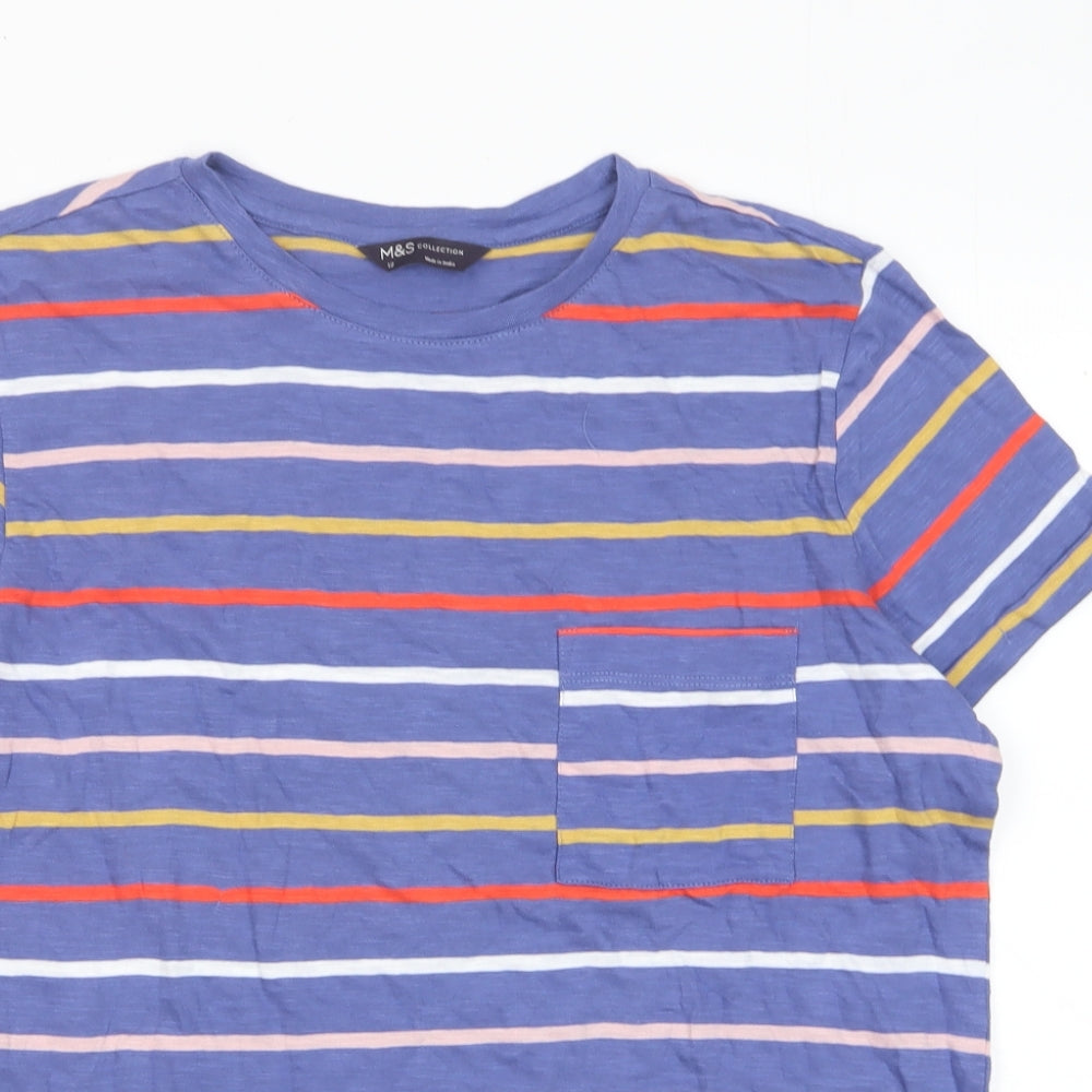 Marks and Spencer Womens Multicoloured Striped Cotton Basic T-Shirt Size 12 Crew Neck - Pocket