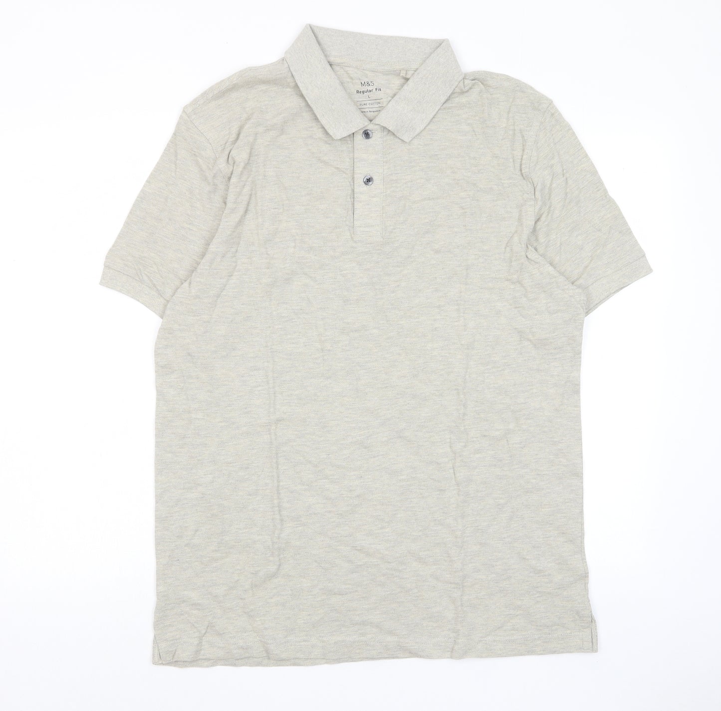 Marks and Spencer Mens Grey Cotton Polo Size L Collared Button