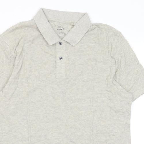 Marks and Spencer Mens Grey Cotton Polo Size L Collared Button