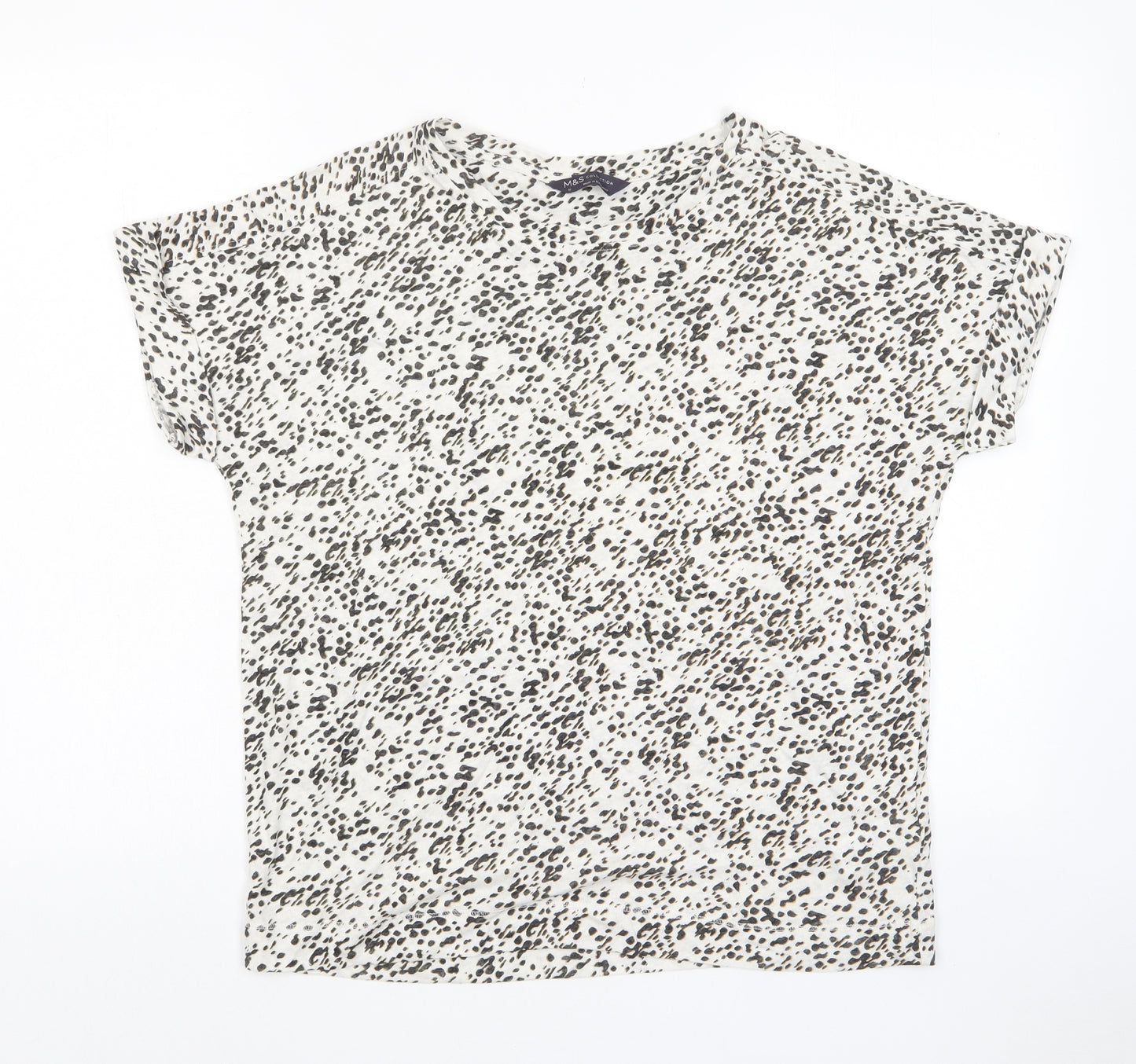 Marks and Spencer Womens White Animal Print Linen Basic T-Shirt Size 12 Crew Neck