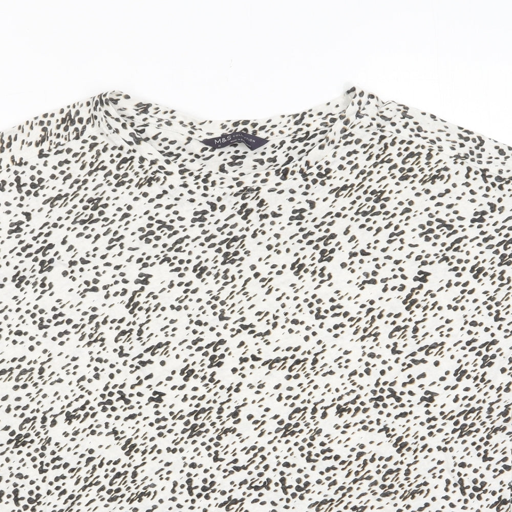 Marks and Spencer Womens White Animal Print Linen Basic T-Shirt Size 12 Crew Neck