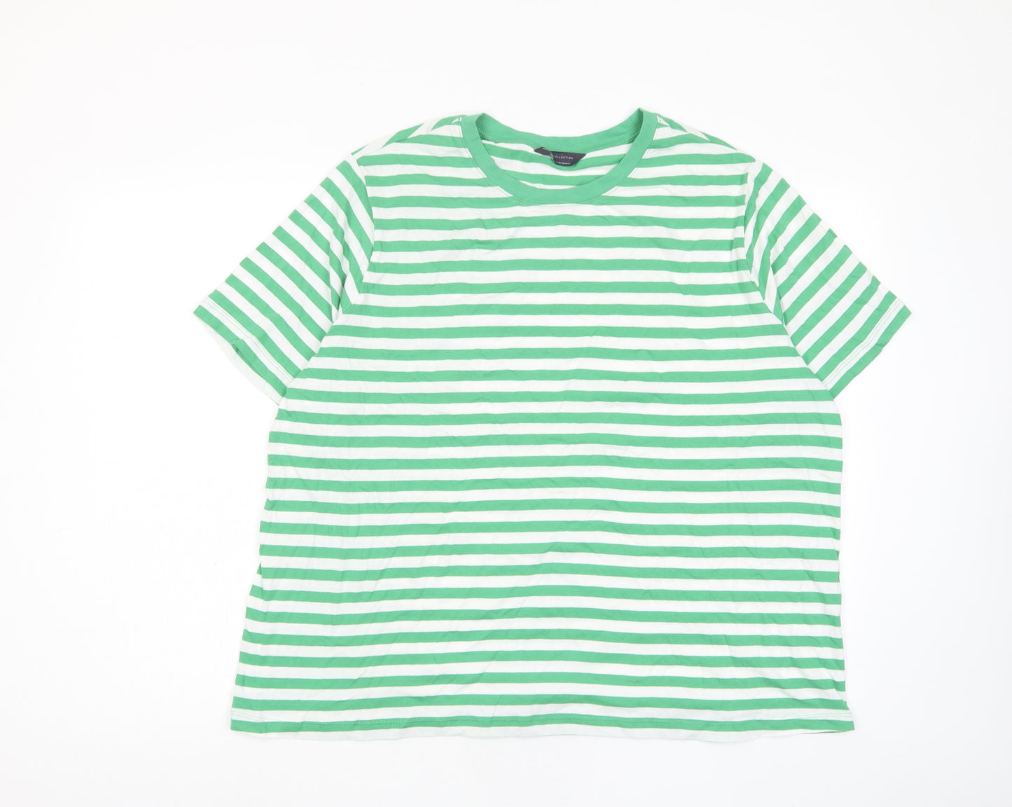 Marks and Spencer Womens Green Striped Cotton Basic T-Shirt Size 22 Crew Neck