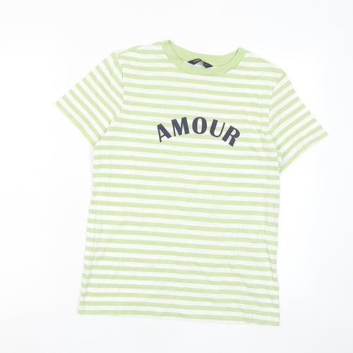 Marks and Spencer Womens Green Striped Cotton Basic T-Shirt Size 6 Crew Neck - Amour