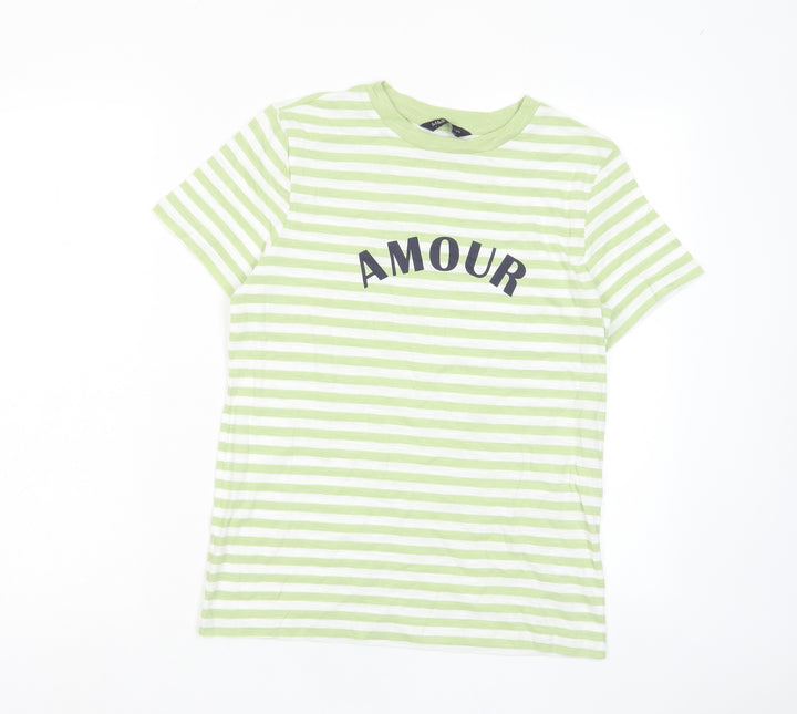 Marks and Spencer Womens Green Striped Cotton Basic T-Shirt Size 6 Crew Neck - Amour