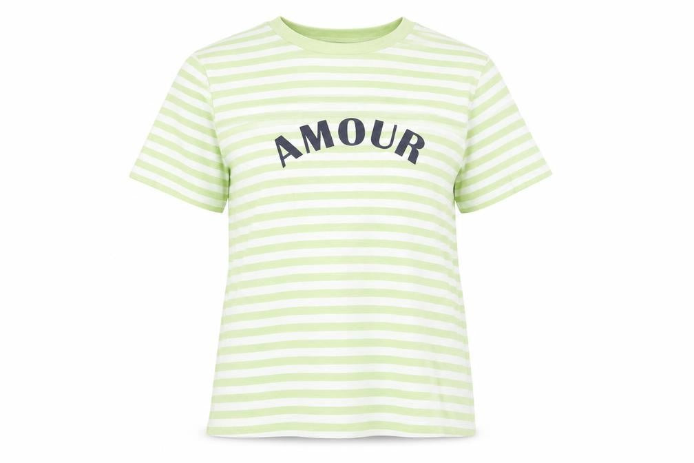 Marks and Spencer Womens Green Striped Cotton Basic T-Shirt Size 6 Crew Neck - Amour