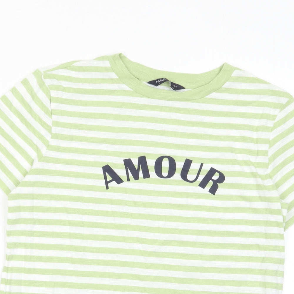 Marks and Spencer Womens Green Striped Cotton Basic T-Shirt Size 6 Crew Neck - Amour
