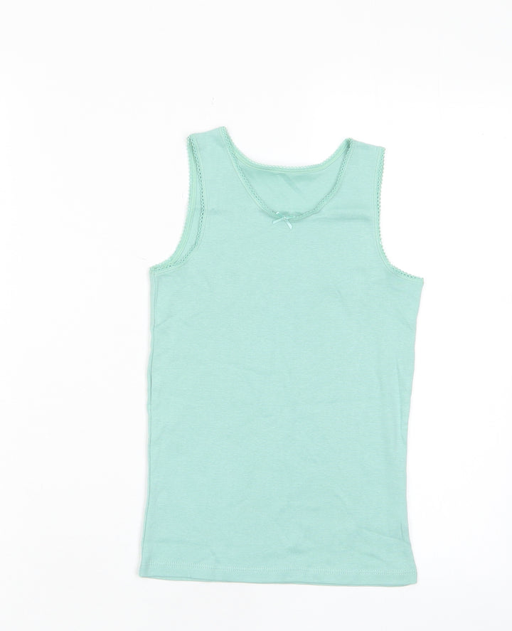 Marks and Spencer Girls Green Cotton Basic Tank Size 8-9 Years Crew Neck Pullover - Embroided