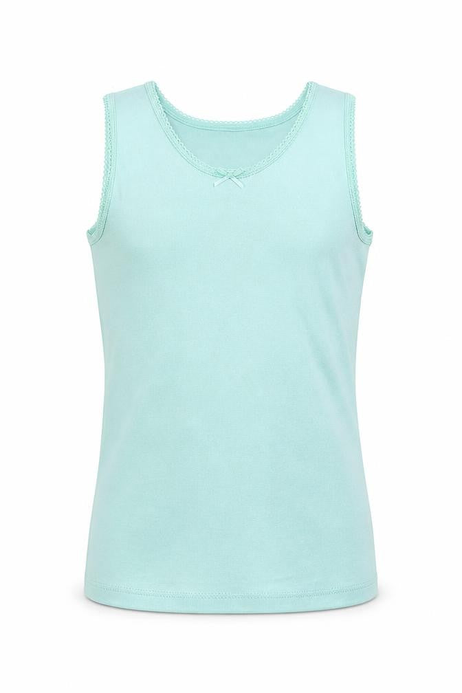 Front view of Marks & Spencer girls’ green cotton basic tank, size 8-9, years crew neck pullover - embroided