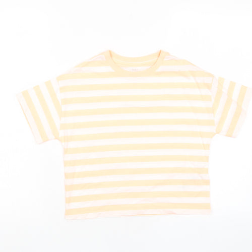 Marks and Spencer Boys Orange Striped Cotton Basic T-Shirt Size 8-9 Years Crew Neck Pullover