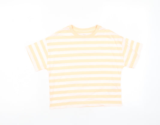 Marks and Spencer Boys Orange Striped Cotton Basic T-Shirt Size 8-9 Years Crew Neck Pullover