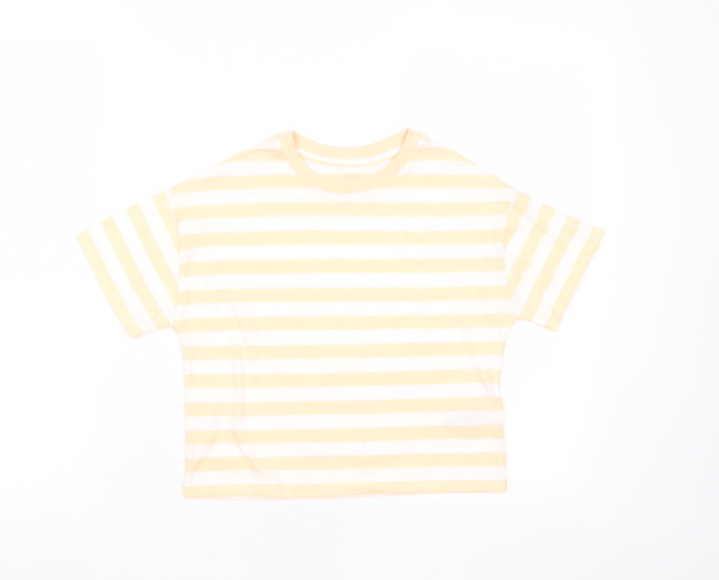 Marks and Spencer Boys Orange Striped Cotton Basic T-Shirt Size 7-8 Years Crew Neck Pullover