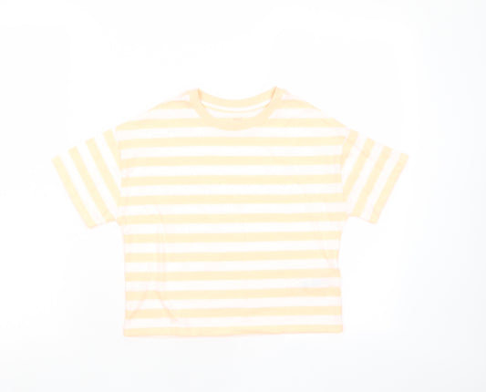 Marks and Spencer Boys Orange Striped Cotton Basic T-Shirt Size 7-8 Years Crew Neck Pullover