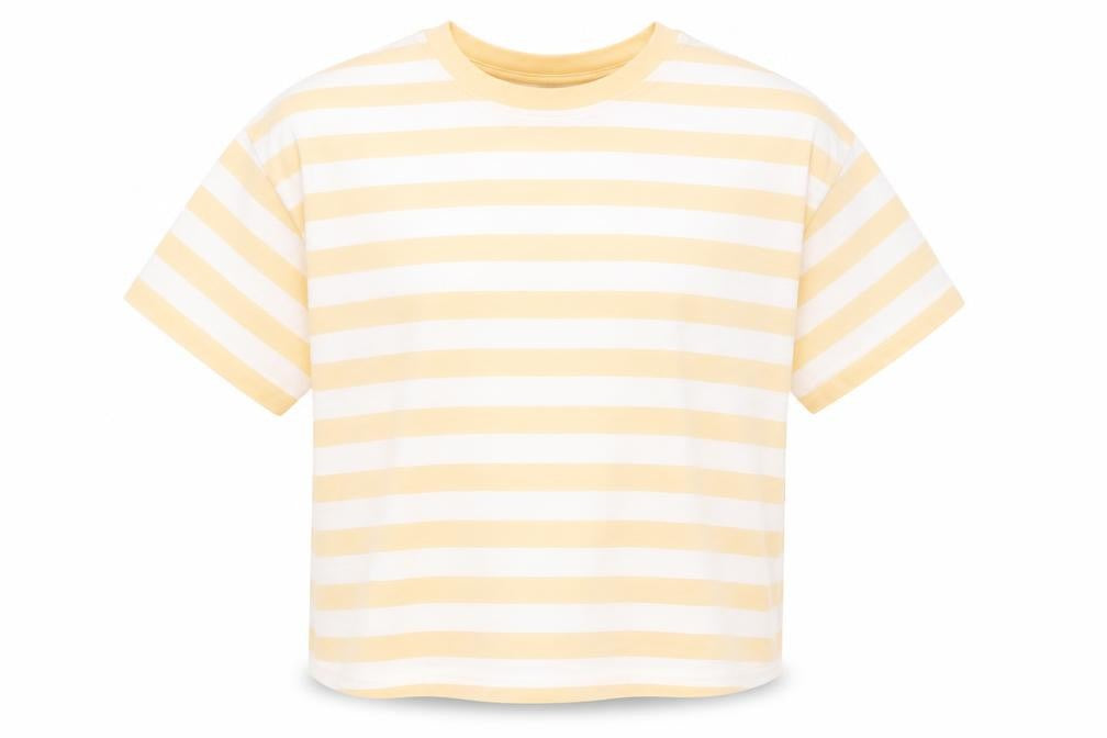 Front view of Marks & Spencer boys’ orange striped cotton basic t-shirt, size 7-8, years crew neck pullover