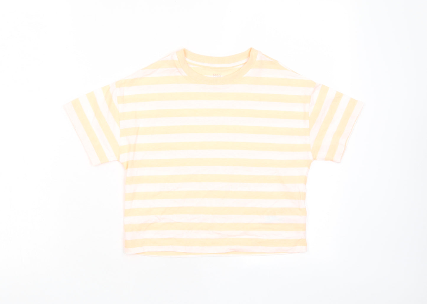 Marks and Spencer Boys Orange Striped Cotton Basic T-Shirt Size 7-8 Years Crew Neck Pullover