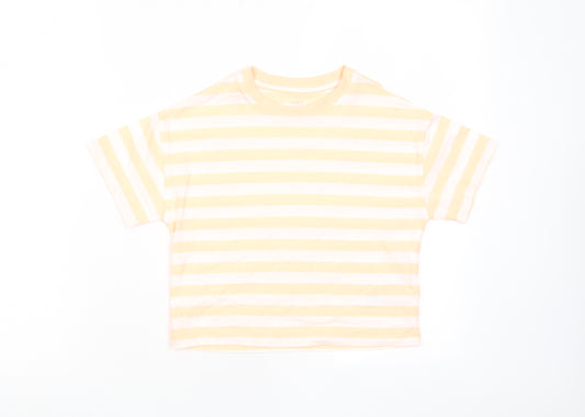 Marks and Spencer Boys Orange Striped Cotton Basic T-Shirt Size 7-8 Years Crew Neck Pullover