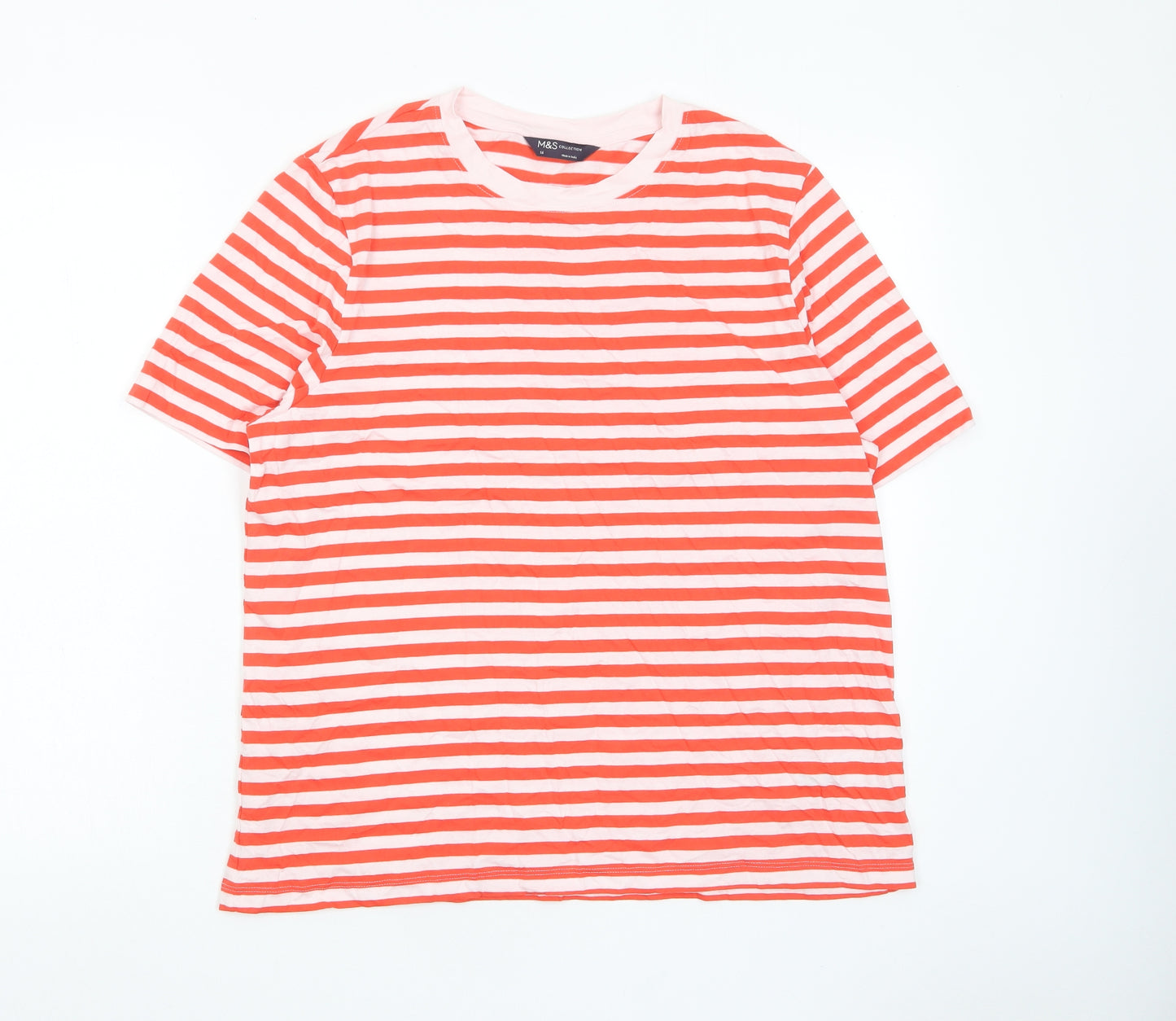 Marks and Spencer Womens Red Striped Cotton Basic T-Shirt Size 16 Crew Neck