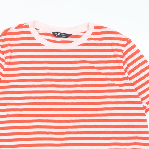 Marks and Spencer Womens Red Striped Cotton Basic T-Shirt Size 16 Crew Neck