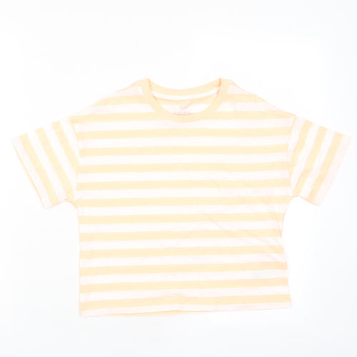 Marks and Spencer Boys Orange Striped Cotton Basic T-Shirt Size 8-9 Years Crew Neck Pullover