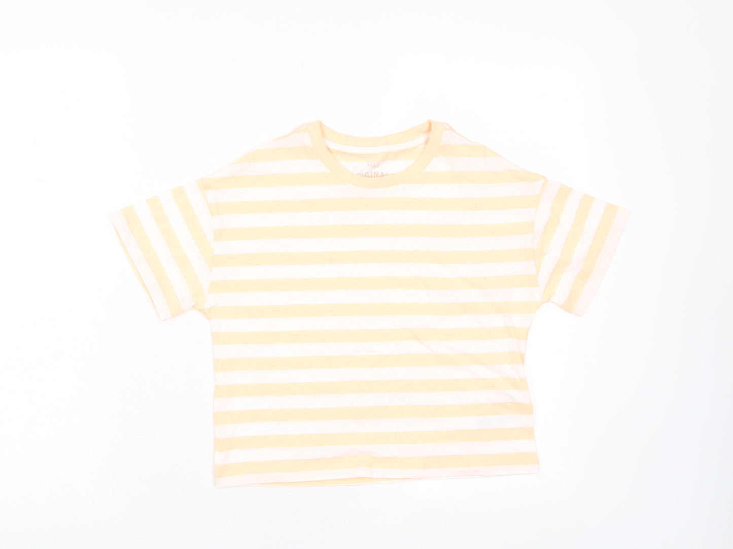 Marks and Spencer Boys Orange Striped Cotton Basic T-Shirt Size 8-9 Years Crew Neck Pullover