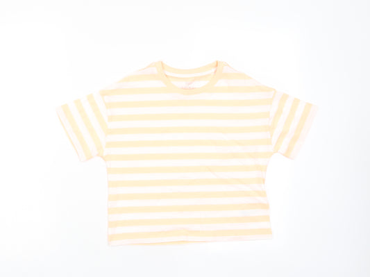 Marks and Spencer Boys Orange Striped Cotton Basic T-Shirt Size 8-9 Years Crew Neck Pullover