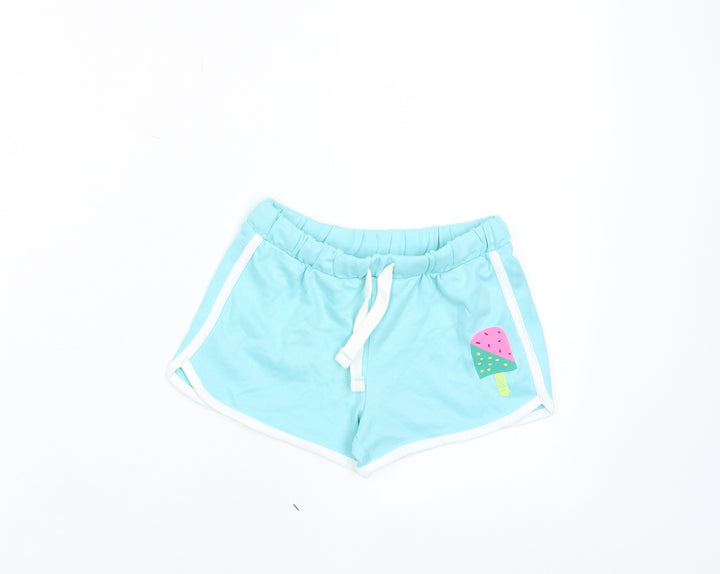 Marks and Spencer Girls Blue Cotton Sweat Shorts Size 5 Years Regular Drawstring - Ice Lollie