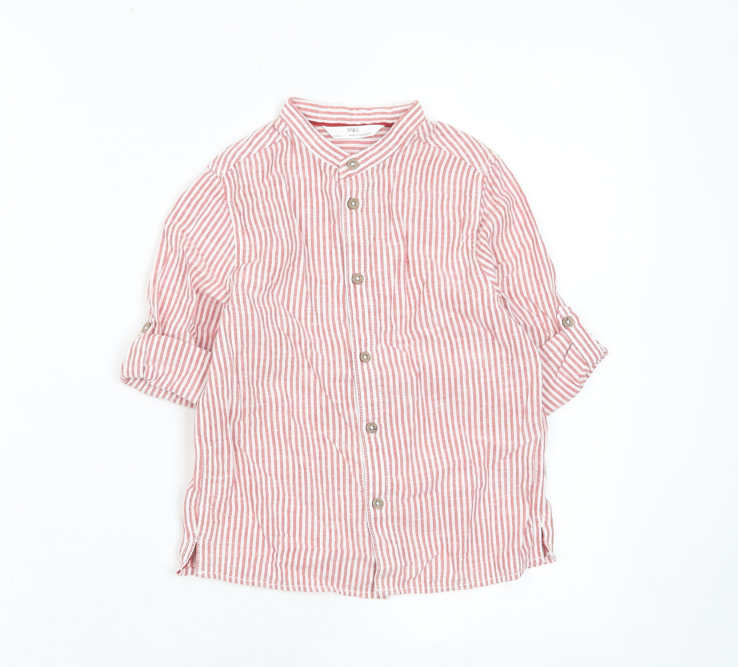 Marks and Spencer Boys Red Striped Cotton Basic Button-Up Size 5-6 Years Crew Neck Button