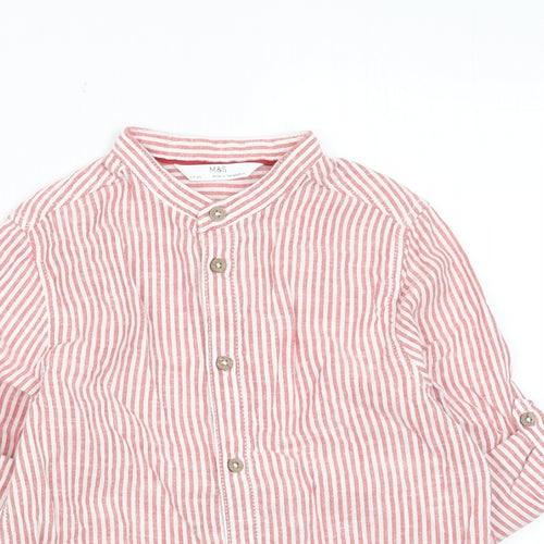 Marks and Spencer Boys Red Striped Cotton Basic Button-Up Size 5-6 Years Crew Neck Button