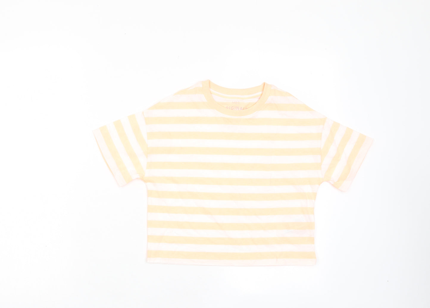 Marks and Spencer Boys Orange Striped Cotton Basic T-Shirt Size 7-8 Years Crew Neck Pullover