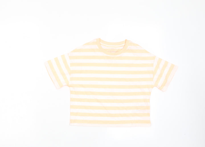 Marks and Spencer Boys Orange Striped Cotton Basic T-Shirt Size 7-8 Years Crew Neck Pullover
