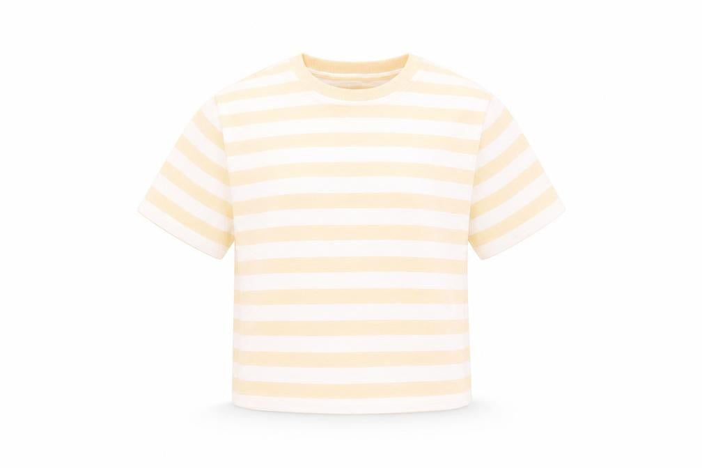 Front view of Marks & Spencer boys’ orange striped cotton basic t-shirt, size 7-8, years crew neck pullover