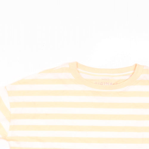 Marks and Spencer Boys Orange Striped Cotton Basic T-Shirt Size 7-8 Years Crew Neck Pullover