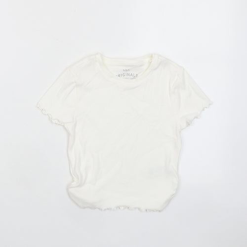 Marks and Spencer Girls White Cotton Basic T-Shirt Size 6-7 Years Crew Neck Pullover - Lettuce Edging