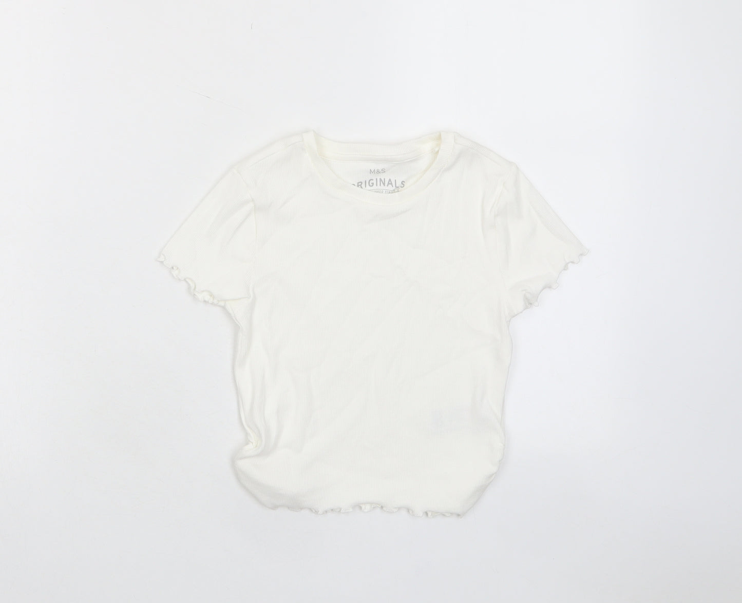 Marks and Spencer Girls White Cotton Basic T-Shirt Size 6-7 Years Crew Neck Pullover - Lettuce Edging