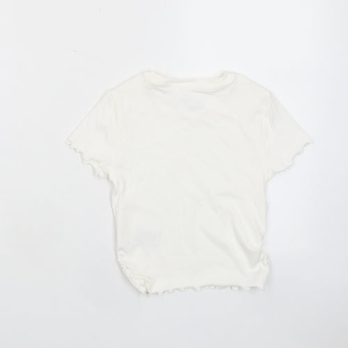 Marks and Spencer Girls White Cotton Basic T-Shirt Size 6-7 Years Crew Neck Pullover - Lettuce Edging
